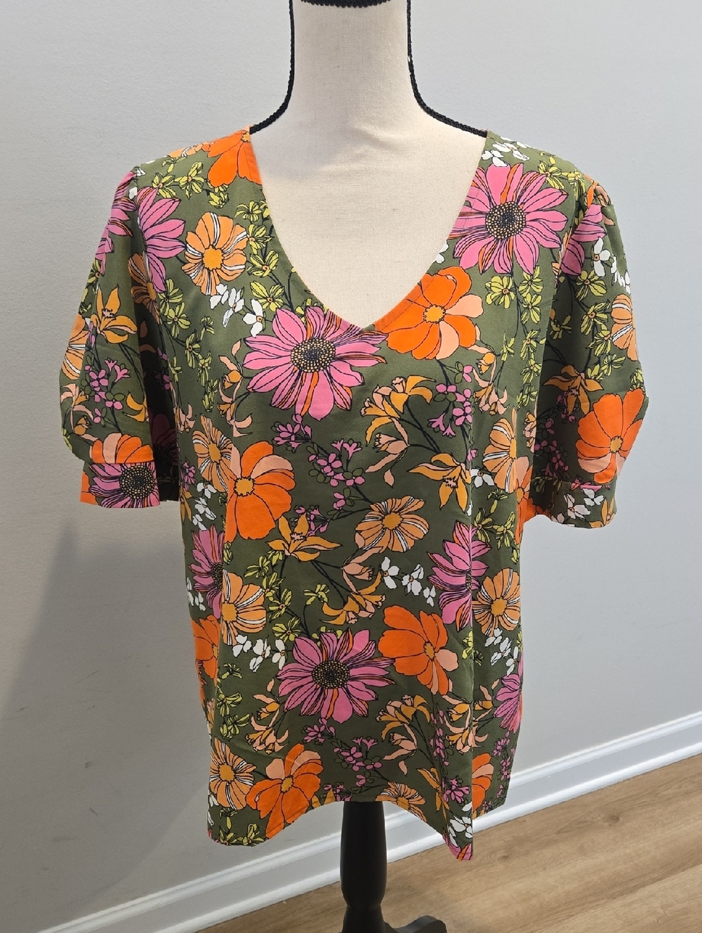 Floral V‑Neck Blouse in Olive with Pink & Orange Blooms